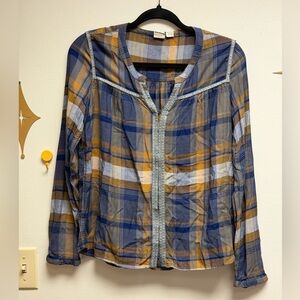 Roxy Plaid Boho Embroidered Long Sleeve Top XS